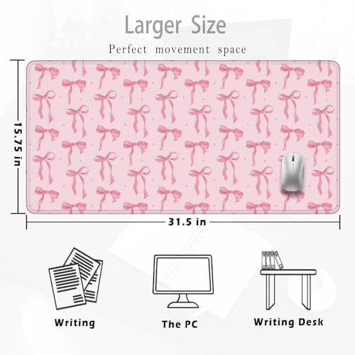 Cute Coquette Pink Bow Aesthetic Mouse Pad 31.5x15.7inch, Preppy Girly Pink Bow Mouse Pads for Wireless Mouse Computers Laptop Desk Accessories, Coquette Girly Office Supplies - Image 2