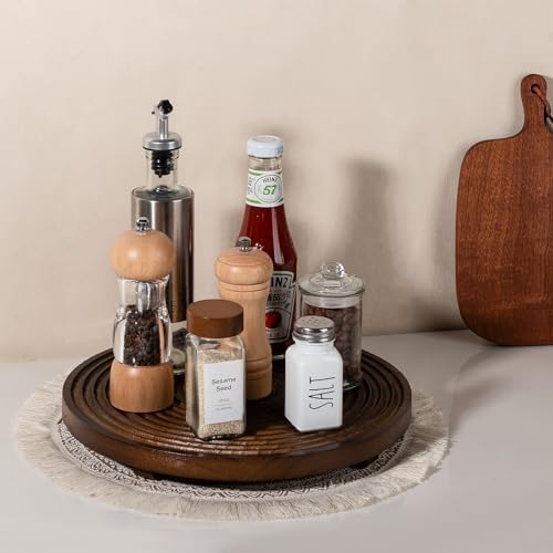 Round Decorative Tray Farmhouse Bathroom Decor Wood Riser, 12" Walnut - Image 2