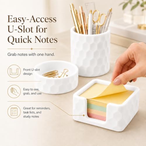 Aesthetic Geometric Silicone Desk Organizer Set of 3,Modern Office Desk Accessories with Round Pen Holder,Paperclip Tray,Sticky Note Holder,Stylish Functional Desk Decor for Home Office(White) - Image 4