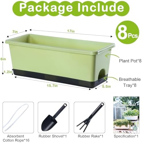 Oliz Window Box Planter 8 Pcs, 17 Inches Rectangle Flower Pots with Drainage Holes & Trays, Vegetable Planters for Windowsill Patio Garden Balcony Home Indoor Outdoor (Light Green, 16 * 7 * 6 inch) - Image 7