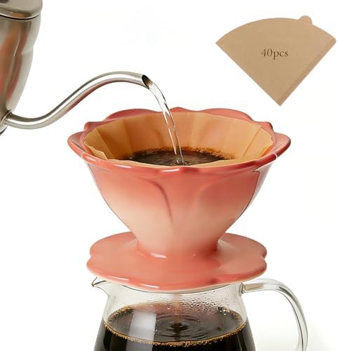 Premium Ceramic Pour Over Coffee Dripper，Includes 40pcs Coffee Filter Papers, suitable for home and travel, Flower Petal Dripper（Gradient Red） by Unknown