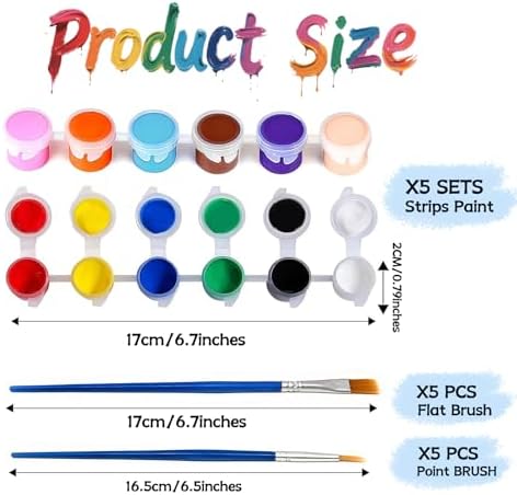 5 Packs Mini Acrylic Paint Set, 12 Colors Washable Paint Strips for Kids & Adults - Includes 10 Brushes (5 Flat + 5 Pointed), 60 PCS kids Paint Kits for Easter Eggs, Birthday, Classroom Party - Image 2