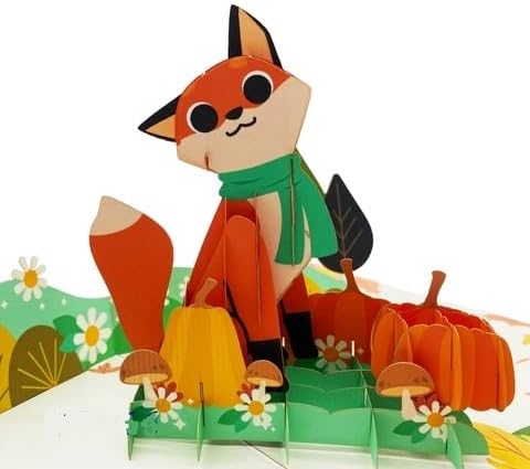 ETA Autumn Fox 3D Pop-Up Greeting Card – Fall Themed Card with Pumpkins & Leaves – Cute Woodland Animal Pop-Up Card for Kids, Adults, Birthdays, Thanksgiving, A41