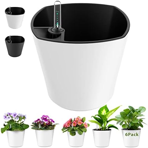 7 inch Plant Pots 6-Pack, Self Watering Flower Pots Indoor Outdoor, African Violet Pots Planters with Drainage Hole Saucer Reservoir, White by GsGardenSpecialty