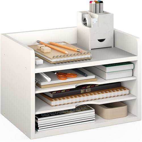 Ballucci File Organizer, 4-Tier Office Desk Organizer, Open Top Wood Paper Organizer for Classroom, Desktop Mail Sorter Paper Tray, White by Ballucci