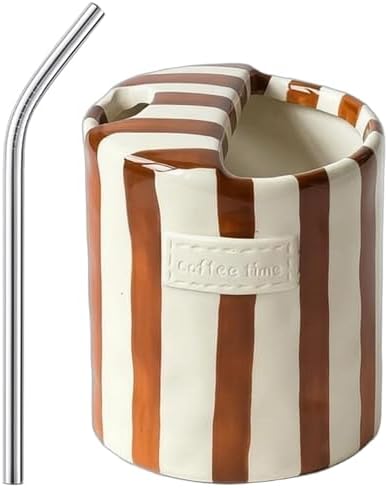 Ceramic Coffee Mugs 10 oz Retro Striped Coffee Mug No Handle with Straw by Meyerascal