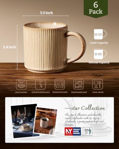 famiware Coffee Mug Set of 6, Star 12 oz Ceramic Mugs Cups Set with Handle - Image 6