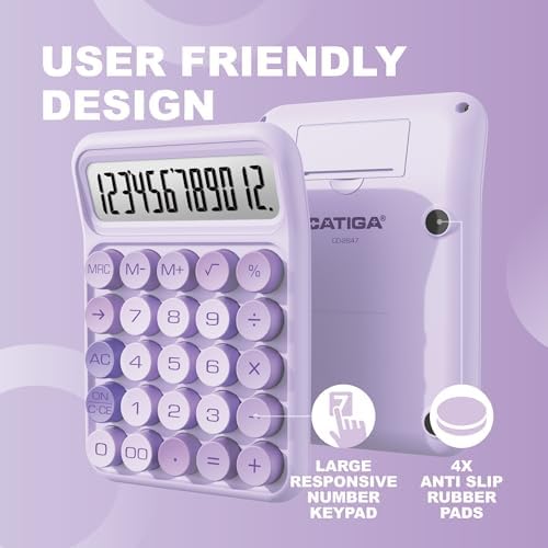 CATIGA Mechanical Switch Calculator, Purple Calculator with 12 Digit Large LCD Display & Big Buttons for Office Desk, Classroom Math, Back to School Supplies, Cute Aesthetic Desk Accessories - Image 3