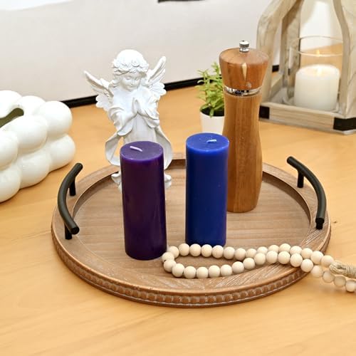 SwallowLiving Brown Wooden Beaded Serving Tray with Handle Decorative Rustic Tray for Coffee Table Farmhouse Round Tray for Kitchen, Living Room and Bedroom - Image 3