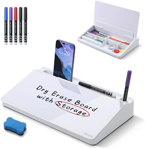 SELEAD Desktop Glass Whiteboard with Storage, 5 Markers and 1 Eraser, White by SELEAD