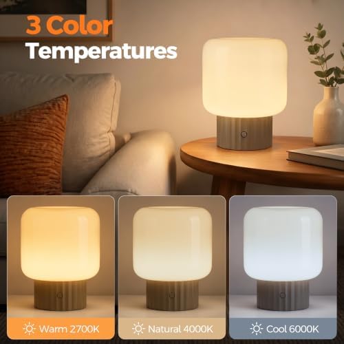 VOLISUN Mushroom Lamp, Cordless Rechargeable Table Lamp with Glass Shade, 3 Color Temperatures & Stepless Dimming, 5200mAh, Touch Control Bedside Lamps for Living Room, Bedroom, 2 Pack (Brown) - Image 3