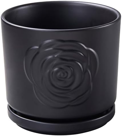 Ekirlin 7 Inch Plant Pots for Indoor Plants, Modern Ceramic Glaze Planters, Round Flower Planter Pot with Drainage Hole and Saucer, Snake Plant Pot for Succulent, Orchid, Pothos,Gift for Plant, Black by Ekirlin