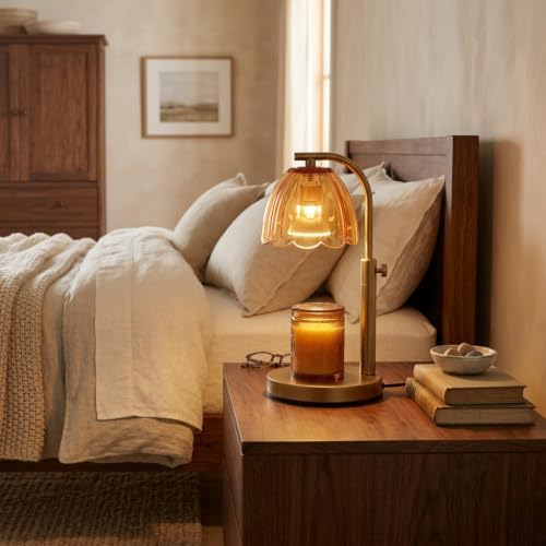 Scalloped Glass Candle Warmer Lamp with Timer (2H/4H/8H) - Dimmable & Adjustable Height - Wax Melter for Large & Small Jar Candles - 2 Bulbs - Gold Metal - Flameless Home Decor Gift for Women (Amber) - Image 4
