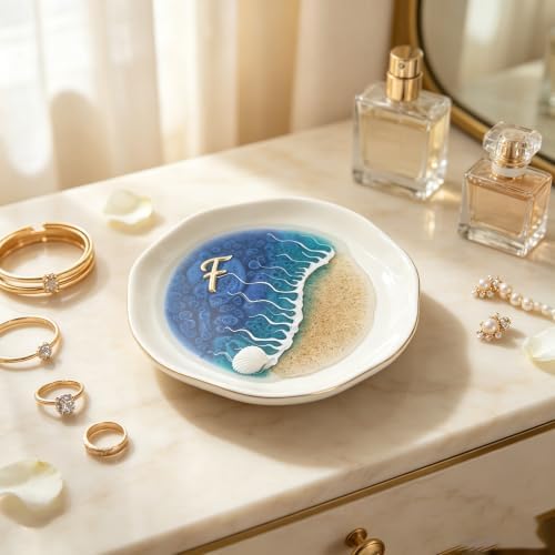 Coastal Decor Ocean Resin Tray, Ceramic Beach Wave Ring Dish, Gold Trim Jewelry Holder, Mini Decorative Trinket Dish for Home, Bathroom, Shelf Decor (F) - Image 2