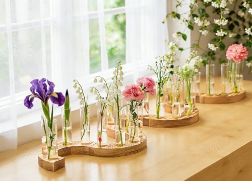 Melphoe Glass Bud Vases Small Flower Vase for Centerpieces Wedding Table Decorations, Home Decor, Propagation Station Plant Terrarium with Wooden Stand, Unique Plant Lover Gifts for Women (Brown) - Image 3