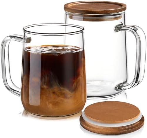 Glass Coffee Mugs, 16 oz Glass Coffee Cups with Acacia Wood Lids, Clear Borosilicate Glass Mugs with Handles for Cappuccino, Tea, Latte, Hot/Cold Beverages, Wine, Americano, Set of 2 by Unknown