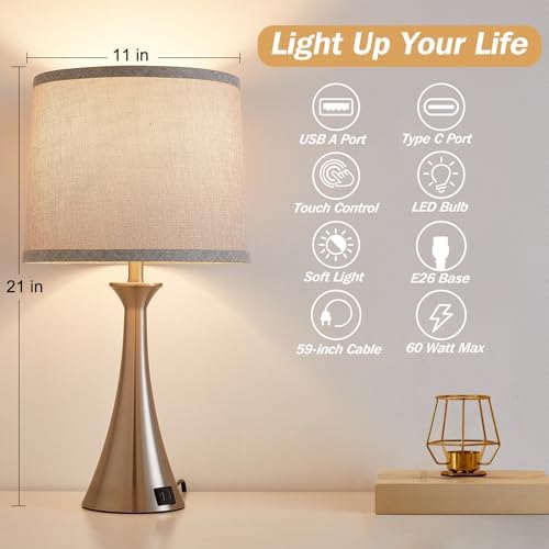 Touch Table Lamps Set of 2, 21" Bedside Lamps with USB C+A, Silver - Image 2