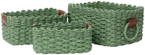 Woven Paper Rope Wicker Basket for Organizing(Set of 3,Green) by QingtuHome