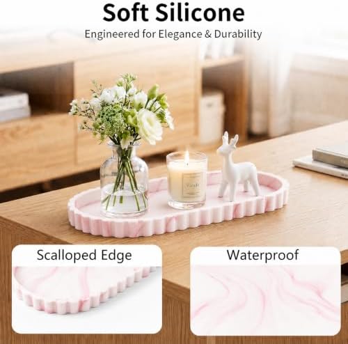 Silicone Bathroom Tray - 12''x5.3'' Oval Vanity Tray for Bathroom Countertop with Scalloped Edge, Elegant Bathroom Holders and Organizers for Toilet Top, Bathtub Caddy, Marble White Pink - Image 3