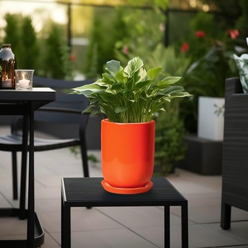 Ceramic Planter - 8 Inch Plant Pot with Drainage Hole and Saucer, Cylinder Round Modern Flower Pot for Indoor Outdoor Plants, Plant Lover Gifts, Garden Office Home Decor, Orange - Image 4