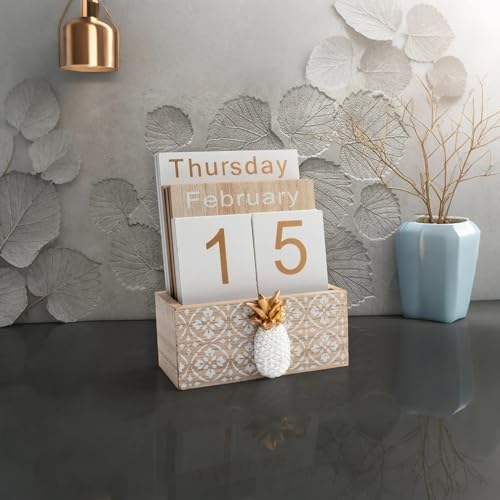 Notakia Vintage Wood Block Perpetual Calendar Month Week Date Display for Home Office Desk Rustic Decoration, Brown pineapple - Image 3
