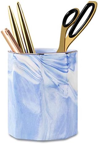 Pencil Holder Cup, Pen Organizer Stand for Desk Cute Marble Pattern Pen Cup Durable Ceramic Desk Organizers for Office Girl Women Adult Teen, Blue Marble by WAVEYU
