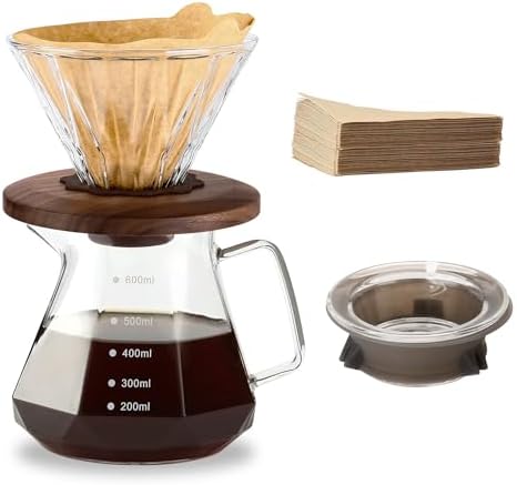 Pour Over Coffee Maker, 20 oz Borosilicate Glass Carafe with 100 pcs Size 02 Paper Filter, Walnut Handle & Glass Lid, 600 ml, Clear by Polydremio