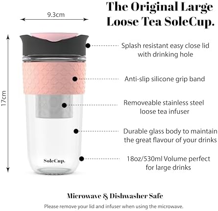 Large Travel Mug Loose Tea Infuser - Detachable Tea Strainer with Spill Proof Lid - 18oz/530ml BPA-Free Reusable Glass Travel Coffee Cup with Silicone Band (Gray and Pink, 18oz) - Image 2