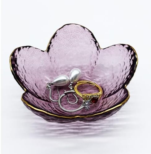 Purple Flower Ring Dish, Small Glass Jewelry Dish Tray, Ring Holder Jewlery Tray Trinket Dish, Bathroom Nightstand Decor Jewelry Bowl Christmas Friendship Birthday Gifts for Women, Soap Dish by BESSKON