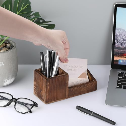 Hipiwe Vintage Wood Business Card Holder Stand for Desk with Pen Pencil Cup - Image 3