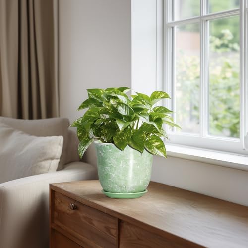Ceramic Plant Pots - 5.6 Inch Plant Pot with Drainage Hole and Saucer, Round Orchid Succulent Pots for Indoor Outdoor, Small Modern Planter, Desk Window Room Decor, Green - Image 5