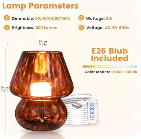 ULAROOM USB Plug-in Vintage Mushroom Lamp Small Bedside Table Lamp with 3 Temperature LED Bulb,Free Dimming Nights Light for Bedroom/Living Room/Entryway/Corner Decor New Home Gift (Golden Amber) - Image 6