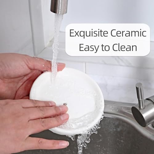 Round Self Draining Soap Dish, Small Ceramic Tray, Cute Jewelry Dish, Keep Soap Dry & Bathroom Décor (White) - Image 5