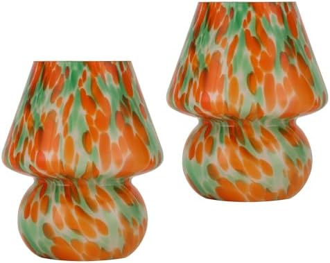 Mushroom Lamp Set of 2, Small Glass Table Lamp, Bedside Nightstand Lamp, Cute Desk Lamp for Bedroom, Dorm, Living Room & Kitchen, Classic Vintage Home Decor Lamp (2, Green&Orange) by Unknown