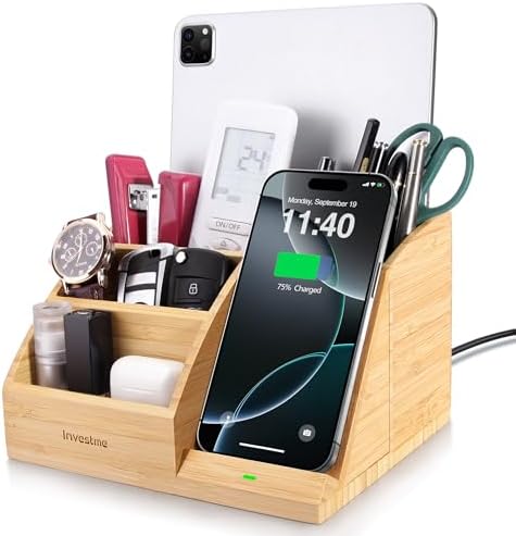 Bamboo Pen Holder with Wireless Charger, Desk Organizer 5 Compartments by Investme