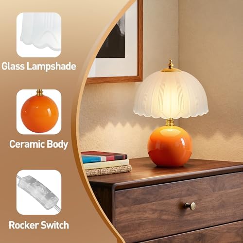 PARTPHONER Mushroom Table Lamp, Ceramic Bedside Lamp with Glass Shade, 3-Way Lighting (2700K-5000K) Rocker Switch, Small Nightstand Lamp for Bedroom, Living Room, Office, Orange - Image 4