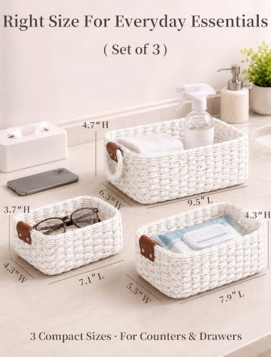 Small Wicker Baskets, 3 PCS Paper Rope Baskets for Shelves, White - Image 2