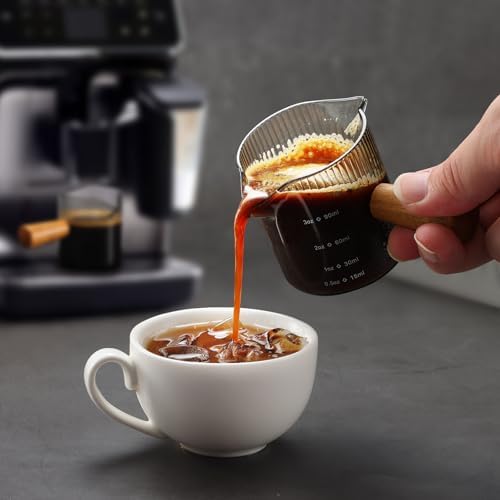 Espresso Cups 3 OZ, Double V-Shaped Spouts Cups, Espresso Shot Glasses with Wood Handle, Ribbed Milk Measuring Cup - Image 2