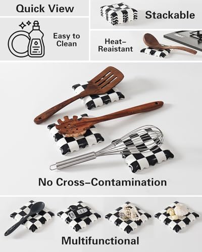 Ceramic Spoon Rest - Unique Checkered Spoon Holder Multipurpose for Stove Top, Kitchen Counter & Coffee Station | Super Cute Kitchen Decor & Hot Coffee Accessories for Housewarming - Image 2