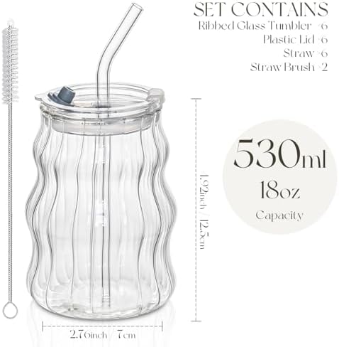 KEMORELA Ribbed Glass Cups with Lids and Straws，18oz Cute Iced Coffee Cups - Image 2