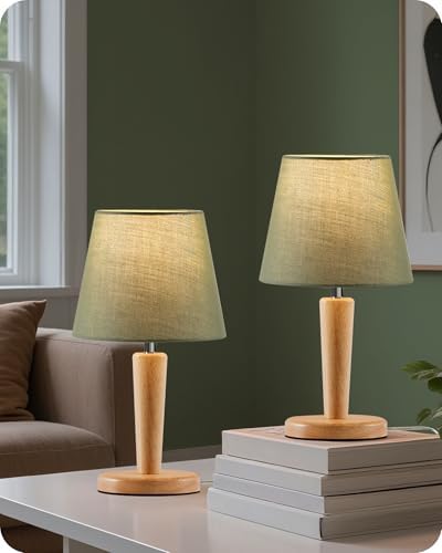 12" Wood Bedside Table Lamps Set of 2, Small Desk Lamps for Small Places, 3 Color Temperatures with Memory, Green Linen Shade & E26 Bulbs, for Bedroom Living Room Office MJ13TLP205 by GOEBLESON