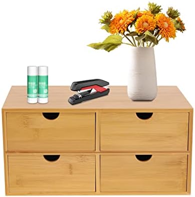 Bamboo Desk Organizer Small Retro Bamboo Tabletop Storage Box with Drawers& Recess Handles for Office Home Supplies Table Storage Collector 13 * 7.5 * 6in (4 Drawers) by DOONARCES