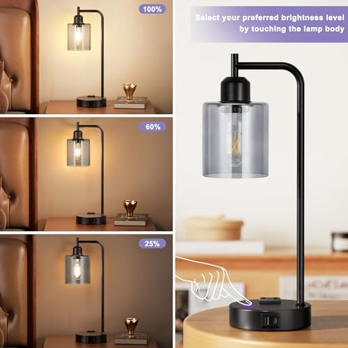 Innqoo Industrial Touch Bedroom Lamps for Bedrooms Set of 2-3-Way Dimmable Table Lamps with USB C+A Ports and Outlet, Bedside Lamps with Gray Glass Shade for Living Room, Desk Lamps for Home Office - Image 4