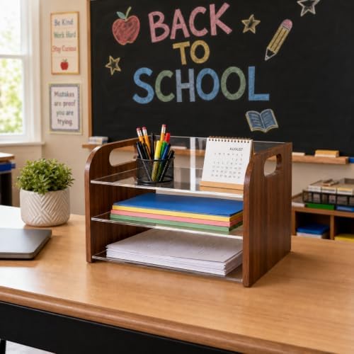 Marsui 3 Tier Desk Paper Organizer, Acacia & Acrylic Letter Trays Classroom - Image 2