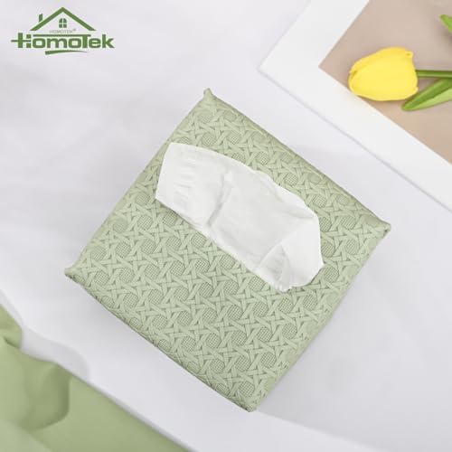 HOMOTEK 2 Pack Tissue Box Cover, Square PU Leather Tissue Holder, Decorative Facial Tissue Cube Paper Organizer Dispenser for Bathroom, Night Stands, Desk, Car 5X5X5'' - Rattan Weave,Mint Green - Image 2