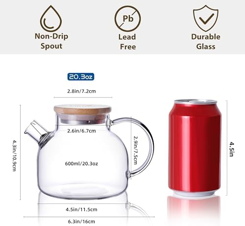 CnGlass Glass Teapot Stovetop Safe,20.3 oz Clear Tea pot with Removable Filter Spout,Loose Leaf and Blooming Tea Maker - Image 2