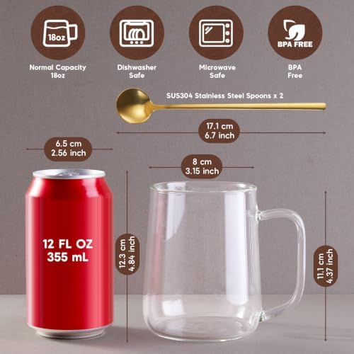 Glass Coffee Mugs with Spoons, 18 oz Glass Coffee Cups Set of 2, Clear Borosilicate Glass Mugs with Handles for Cappuccino, Tea, Latte, Hot/Cold Beverages, Wine, Americano - Image 2
