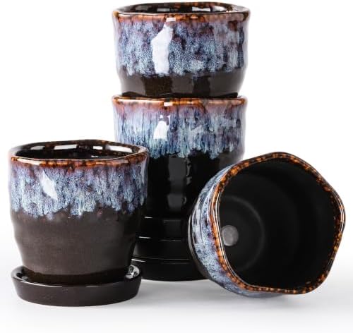 Modern Irregular Ceramic Planter Set of 4, 4 Inch Small Unique Reactive Glaze Flower Pots with Drainage Holes & Saucers - Indoor Outdoor Decorative Succulent Orchid Pots- Reactive Glaze Spot by Unknown