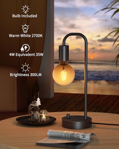 ONEWISH Industrial Table Lamp for Bedroom, Fully Dimmable Modern Bedside Lamps with 2700K Warm Light Bulb for Kids Reading, Minimalist Nightstand Lamps for Living Room, Office (Bulb Included) - Image 3