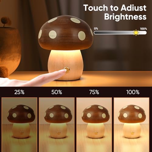 LONRISWAY Cordless Wood Mushroom Lamp, Small Battery Operated Wooden Table Lamp Portable Night Light, Stepless Dimmable Touch Control Warm LED Light for Bedroom, Nursery, Patio Decor - Image 3